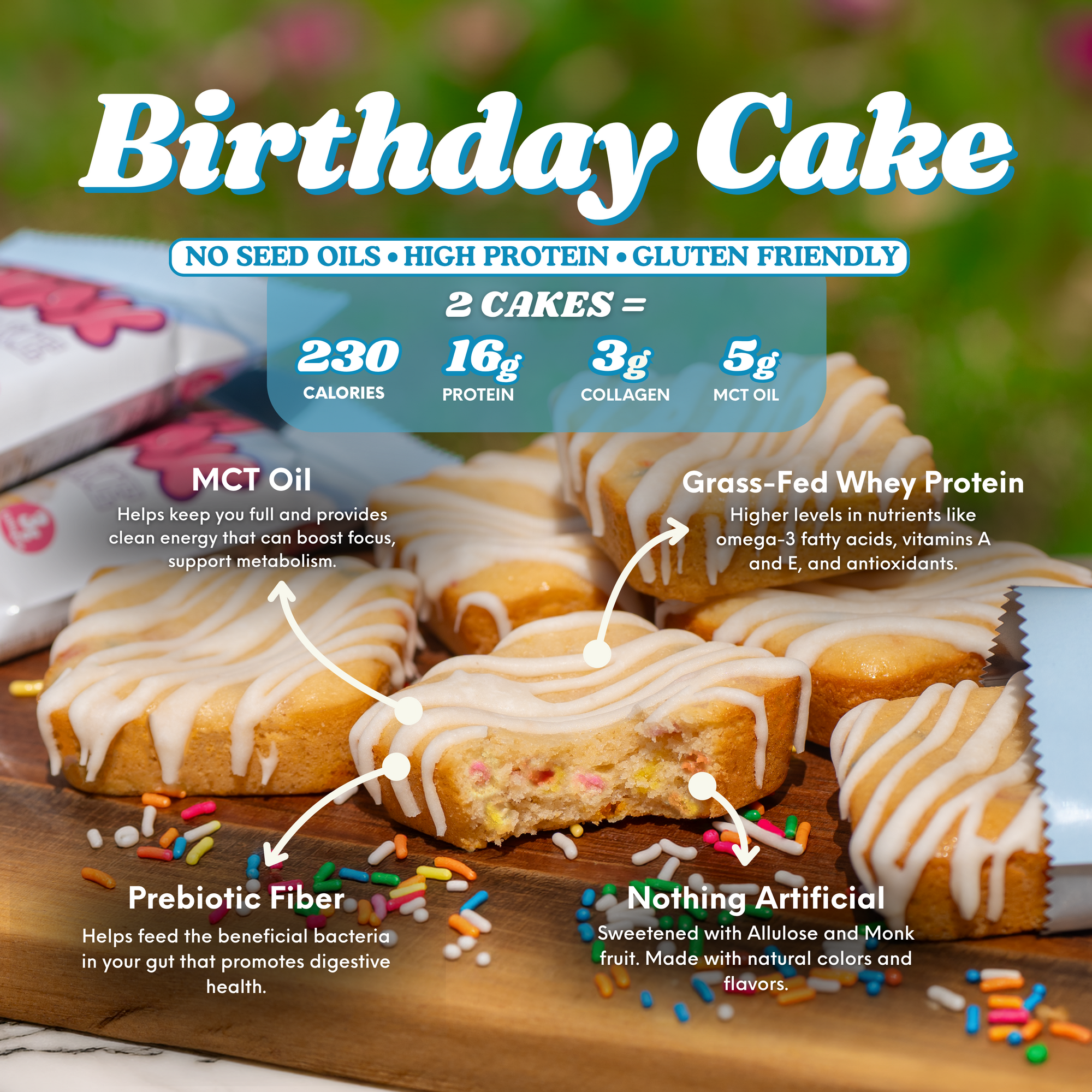 Birthday Cake B-day Cake, PHAT SNAX.  high protein vanilla snack cake, high protein, gluten free, no seed oils, collagen, high fiber dessert.