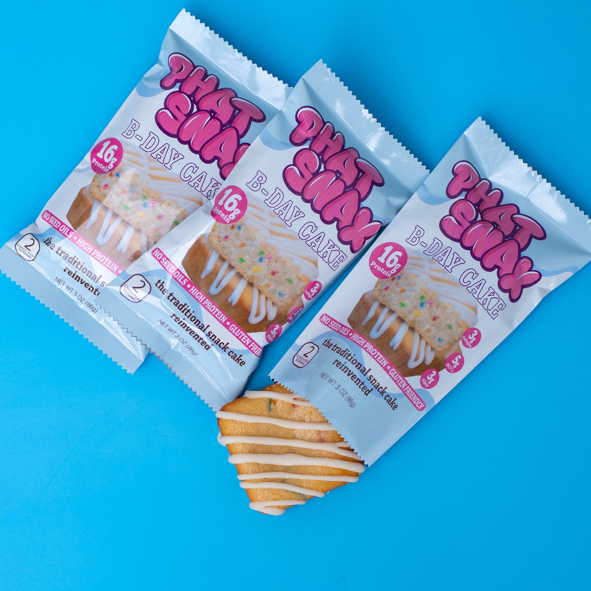 Birthday Cake B-day Cake, PHAT SNAX.  high protein vanilla snack cake, high protein, gluten free, no seed oils, collagen, high fiber dessert.