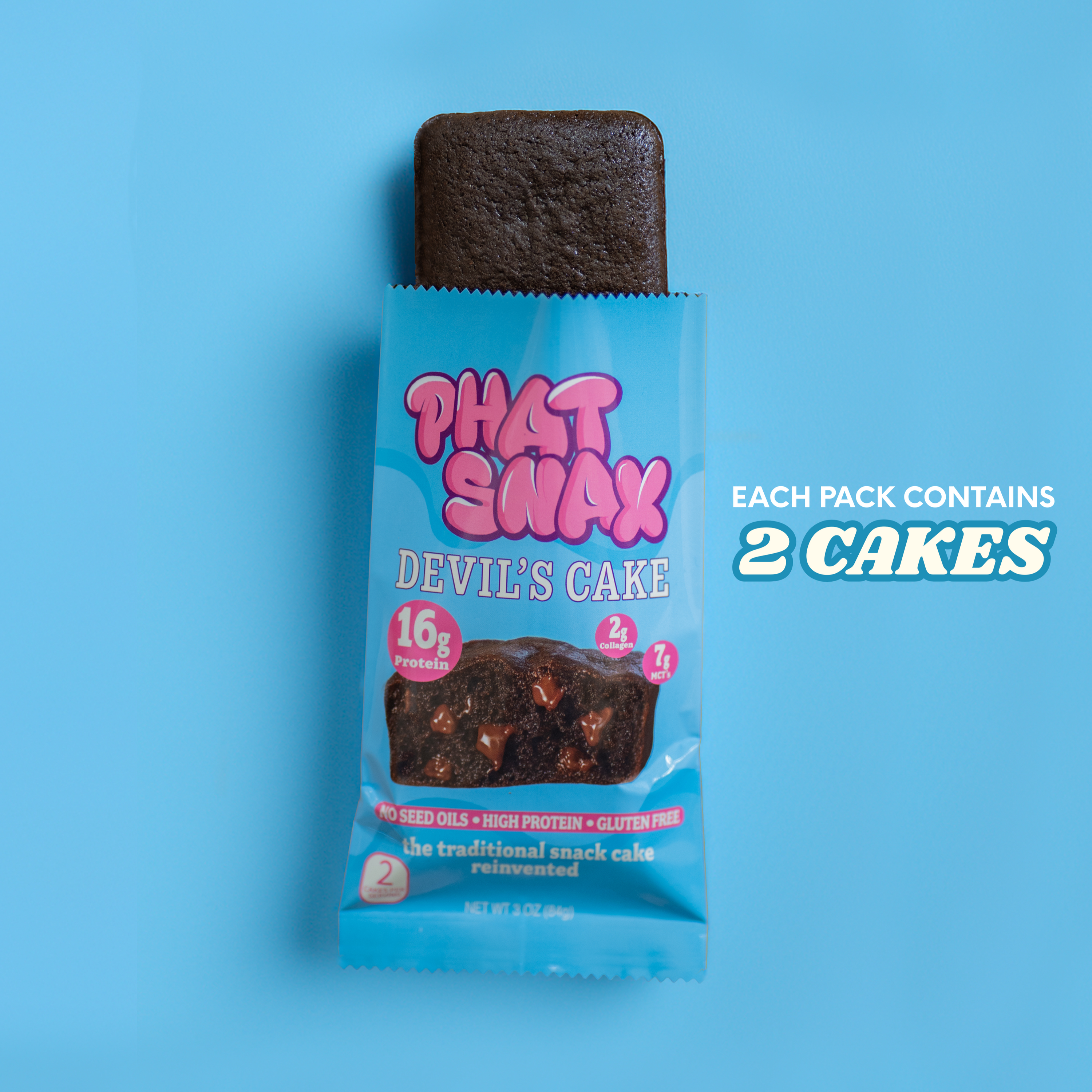 Devil's Cake, PHAT SNAX. chocolate high protein snack cake, high protein, gluten free, no seed oils, collagen, high fiber dessert.