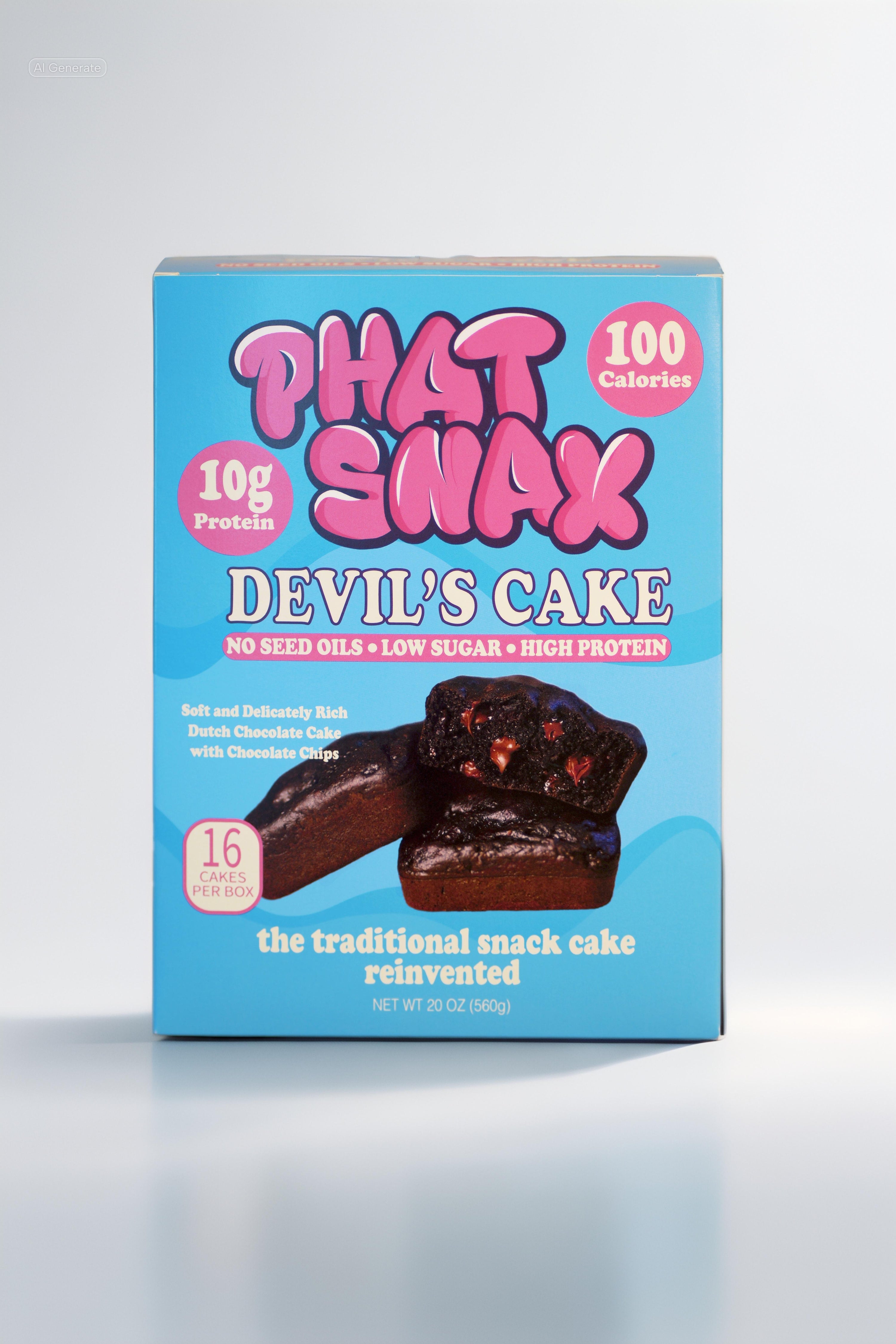 Check out the Phat Snax Devil's Cake box! Highlighting our commitment to high protein, low sugar, and no seed oil goodness. #PhatSnax #HealthyTreats