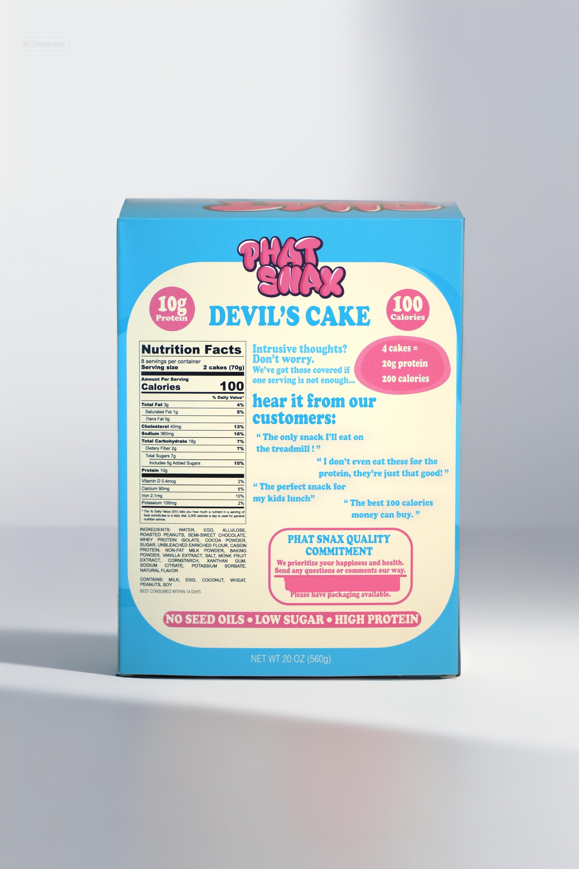 We believe in transparency. The back of our Phat Snax Devil's Cake box details all nutrition facts and clean ingredients. #KnowYourSnacks #RealIngredients