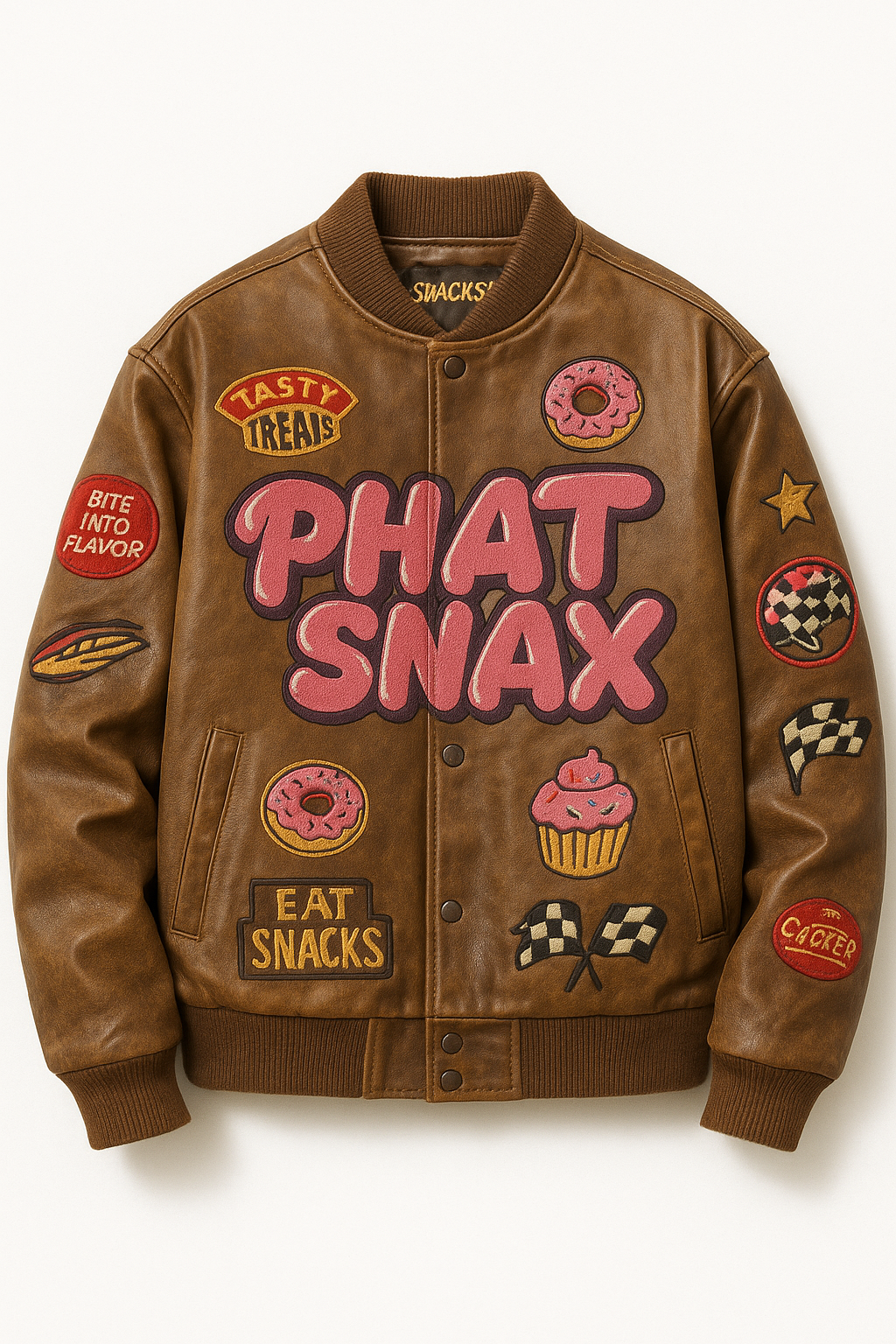Rep the Phat Snax life! Sneak peek at some potential merch ideas – imagine rocking this Phat Snax tee or biker jacket. What do you think? 