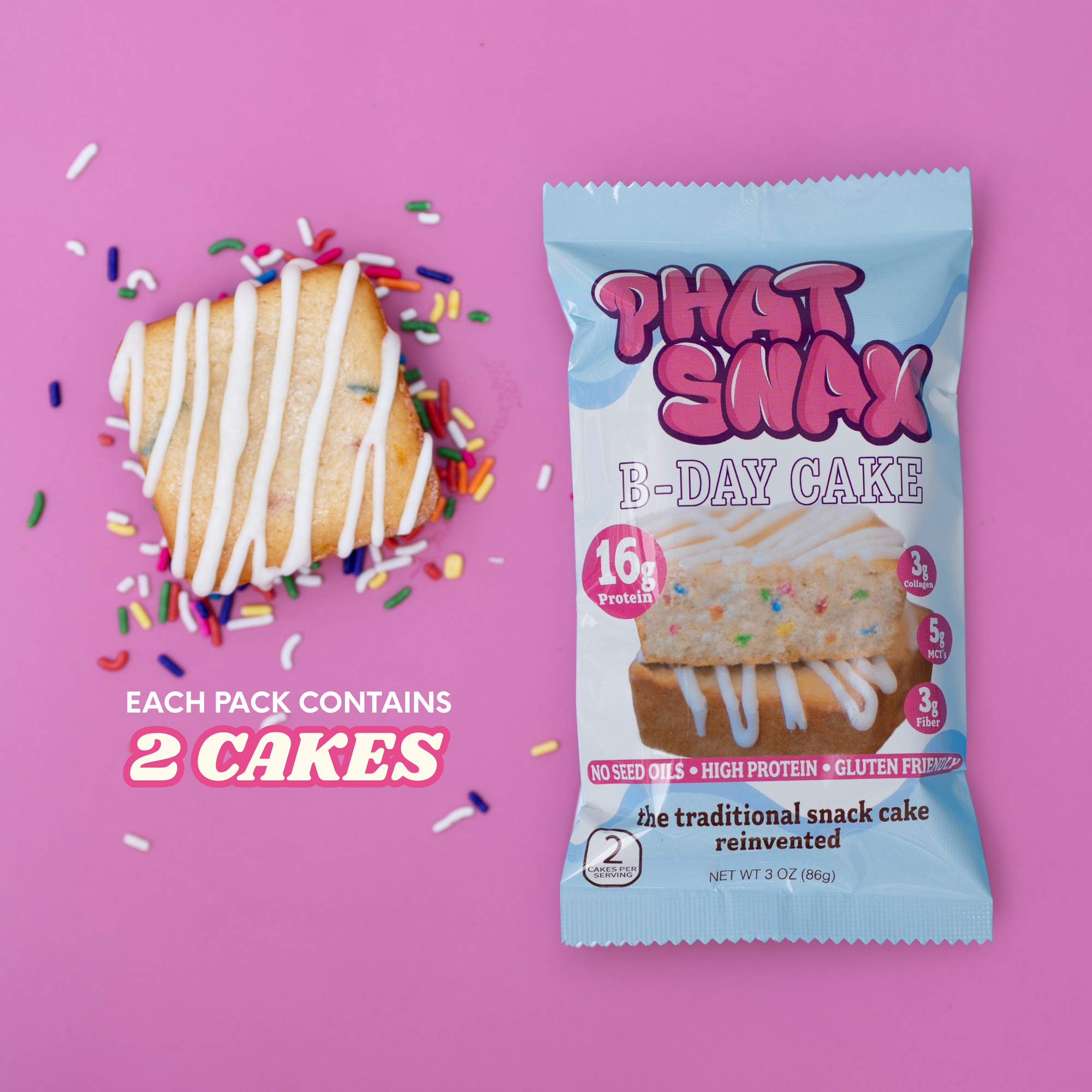 Birthday Cake B-day Cake, PHAT SNAX.  high protein vanilla snack cake, high protein, gluten free, no seed oils, collagen, high fiber dessert.